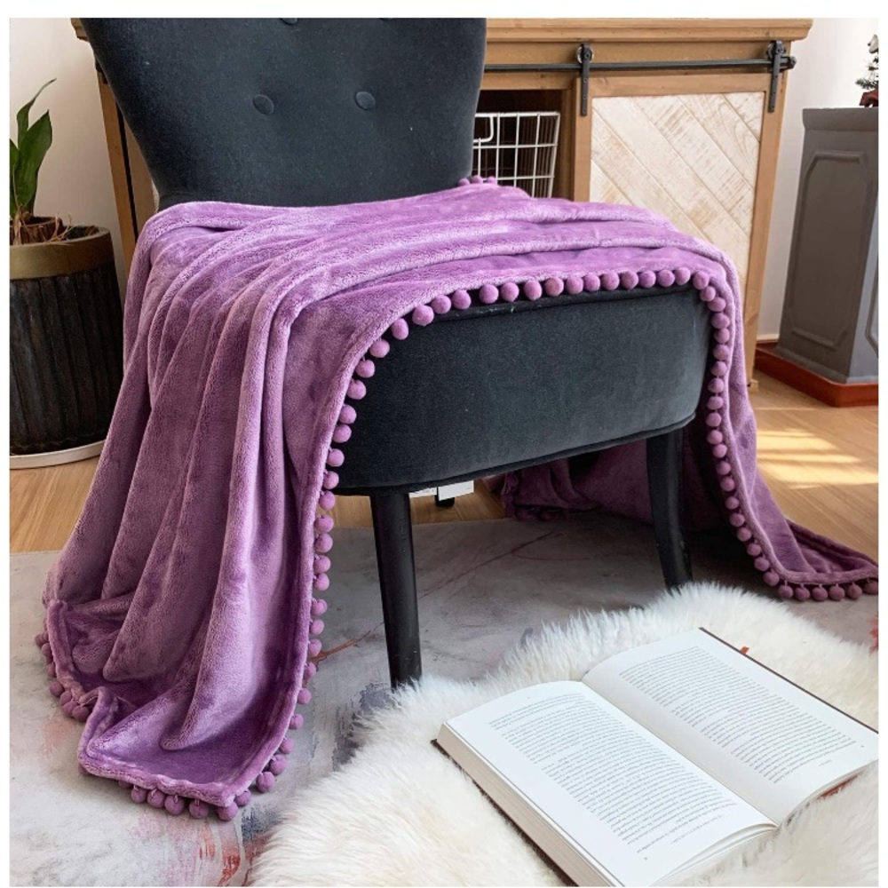 Purple Pompom Fringe Chic Cozy Soft Throw Blanket/Cover - Picture 2 of 16